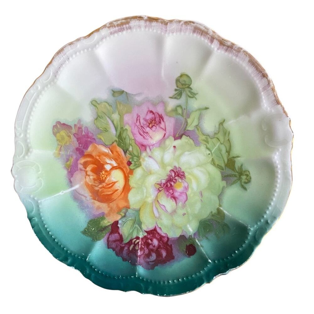 Vintage PM Bavaria Dish Plate Peony Cabbage Roses Pink Green Cottagecore Romance